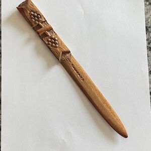 Vintage Hand-Carved Wooden Letter Opener - Grape & Cross Motif